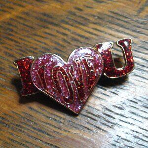 I Love You Red & Gold Bling Vintage Heart Lapel Pin Brooch